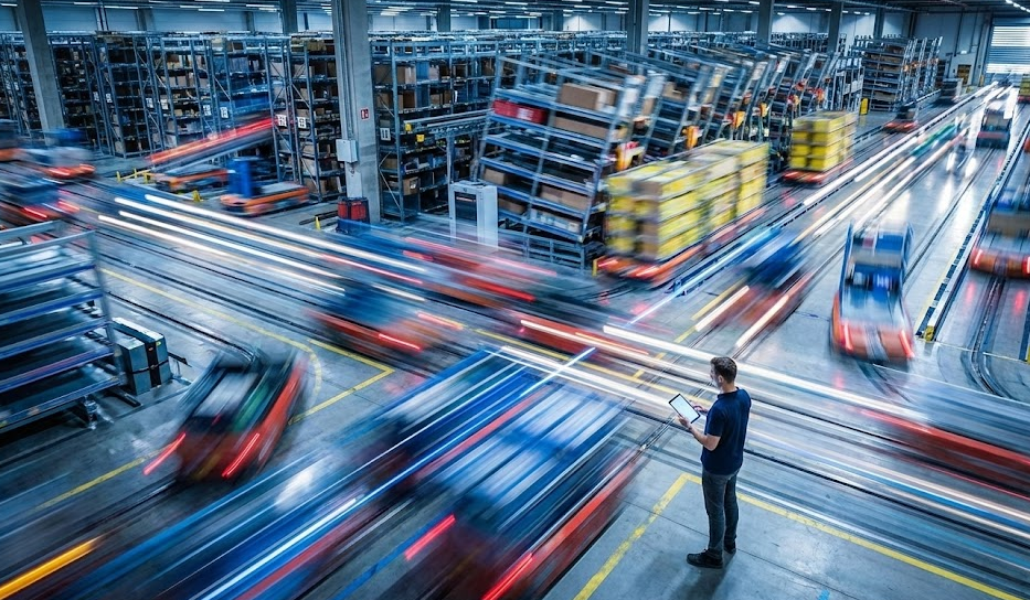 Mitarbeiter mit Tablet steuert Prozesse im modernen Hochregallager; Bewegungsunschärfe symbolisiert hohe Effizienz und schnelle Durchlaufzeiten in der Intralogistik