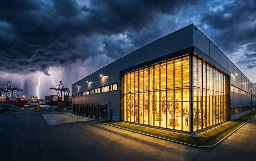 Beleuchtetes Logistikzentrum trotzt Sturm und Gewitter; Symbolbild für Resilienz in der Lieferkette und Stabilität gegen externe Risiken und Lieferkettenstörungen.